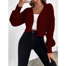 V Yaka Örgü Desenli Triko Crop Bordo Hırka