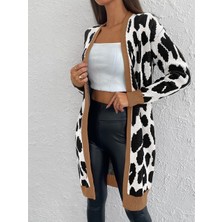 Leopar Desenli Şerit Detaylı Uzun Siyah Beyaz Kahve Renkli Hırka