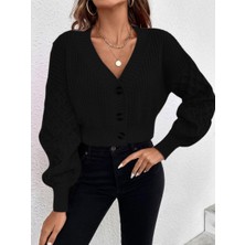 V Yaka Örgü Desenli Triko Crop Siyah Hırka