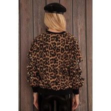 Kadın Kolu Kesik Incili Leopar Desenli Sweatshirt