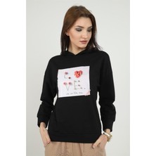 Kadın Önü Love Motifli Siyah Kapüşonlu Sweatshirt