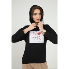 Kadın Önü Love Motifli Siyah Kapüşonlu Sweatshirt