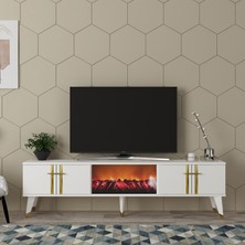 Demonte Decor Assel Şömineli Tv Sehpası (Alt Modül) Beyaz-Altın
