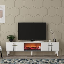 Demonte Decor Assel Şömineli Tv Sehpası (Alt Modül) Beyaz-Gümüş