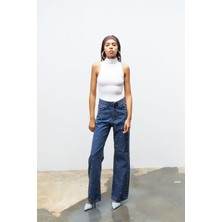 Mavi Önü Taş Detaylı %100 Cotton Wide Leg Denim
