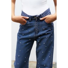 Mavi Önü Taş Detaylı %100 Cotton Wide Leg Denim