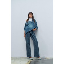 Mavi Önü Taş Detaylı %100 Cotton Wide Leg Denim