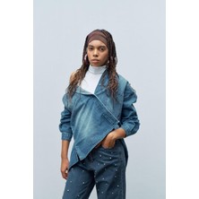 Mavi Önü Taş Detaylı %100 Cotton Wide Leg Denim