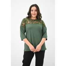 Koza Butik Kadın Büyük Beden Kadife Tül Detaylı Bluz 1856-2