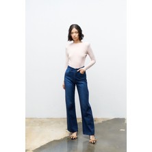 Açık Mavi %100 Cotton Önü Taşlı Straight Fit Denim Pantolon