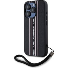 Karl Lagerfeld Apple iPhone 16 Pro Kılıf Lisanslı Askılı Saffiano Athleisure Şerit Çizgili Siyah - Pembe