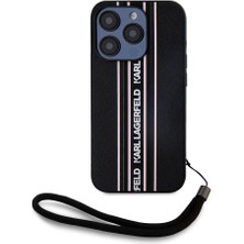 Karl Lagerfeld Apple iPhone 16 Pro Kılıf Lisanslı Askılı Saffiano Athleisure Şerit Çizgili Siyah - Pembe