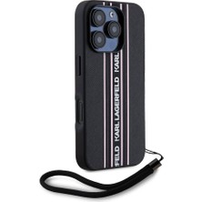 Karl Lagerfeld Apple iPhone 16 Pro Kılıf Lisanslı Askılı Saffiano Athleisure Şerit Çizgili Siyah - Pembe