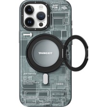YoungKit Apple iPhone 15 Pro Uyumlu Kılıf Magsafe Şarj Özellikli Youngkit 360° Standlı Technology Serisi Kapak Gri