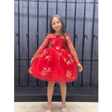 Esmaca Moda Kız Çocuk Elbise Kırmızı Uzun Tül Kol Model