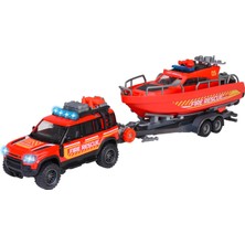 Majorette Land Rover Fire Rescue Aracı & Teknesi, Serbest Tekerlek, Die-Cast (Metal), Fonksiyonlu Römork Vinci, Işıklı & Sesli, Kauçuk Lastikler, 1:40, 33,5 cm