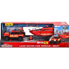 Majorette Land Rover Fire Rescue Aracı & Teknesi, Serbest Tekerlek, Die-Cast (Metal), Fonksiyonlu Römork Vinci, Işıklı & Sesli, Kauçuk Lastikler, 1:40, 33,5 cm