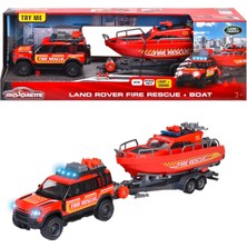 Majorette Land Rover Fire Rescue Aracı & Teknesi, Serbest Tekerlek, Die-Cast (Metal), Fonksiyonlu Römork Vinci, Işıklı & Sesli, Kauçuk Lastikler, 1:40, 33,5 cm