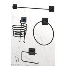 Atacı Home Atacı Yapışkanlı 4 Lü Siyah Fön Makinesi Askısı Havlu Askısı Wc Tuvalet Kağıtlık Yuvarlak Havluluk Set