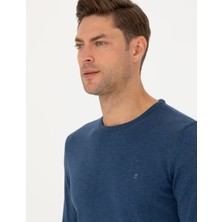 Pierre Cardin Erkek İndigo Melanj Slim Fit Bisiklet Yaka Basic Triko Kazak 50270179-VR155