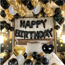 Cugy Siyah ve Gold Happy Birthday Folyo Balon Setli  Kalp Detaylı Doğum Günü Özel Gün Parti Kutlama Seti