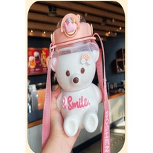 Berdina Home Şeffaf Smile Pink Ayıcık Su Matarası 1000ML Askılı Çocuk Su Şişesi Pipetli Sızdırmaz Kokusuz Suluk