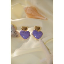 İpar Aksesuar Dolgu Kalp Ikili Metal Gold Lila Küpe