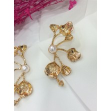 İpar Aksesuar Dal Motifli Incili  Metal Gold Küpe