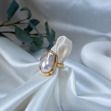 Laranja Asimetrik Incili Büyük Kadın Vintage Gold Yüzük