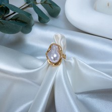 Laranja Asimetrik Incili Büyük Kadın Vintage Gold Yüzük