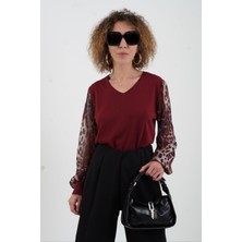 Bordo Kolu Leopar Şifon Triko