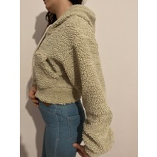 Meros Atelier Kapşonlu  Kürklü Kum Beji Crop Ceket Mont