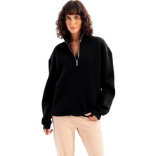 Justever Oversize Fit Dik Yaka Yarı Fermuarlı Şardonlu Siyah Kadın Sweatshirt - Cass