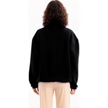 Justever Oversize Fit Dik Yaka Yarı Fermuarlı Şardonlu Siyah Kadın Sweatshirt - Cass