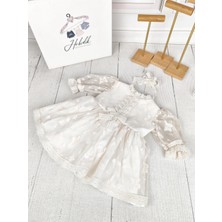 Kız Bebek Çocuk Krem Kelebek Desenli Vintage Tül Kumaş Elbise Set