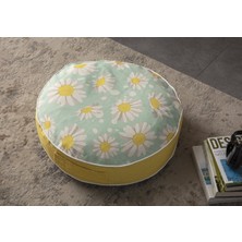 Bugi Home Collection Papatya Desenli Yuvarlak Taşınabilir Dekoratif Yer Minderi Puf 60X60 cm