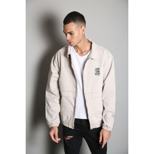 Oversize Bej Baskılı  Erkek Fermuarlı Bomber Kot Ceket