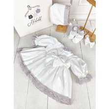Kız Bebek Çocuk Kırık Beyaz Saten Mor Önden Dantelli Parti Davet Mevlüt Elbise Set