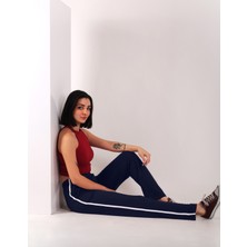 Asn Concept Lacivert Renk Pamuklu Kumaş Biyeli Kadın Eşofman Altı (Büyük Beden Seçeneğiyle)