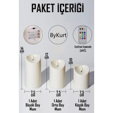 ByKurt 3lü Set 12 Renk 3 Mod Kumandalı LED Mum Küçük Orta Büyük Pilli Dumansız Alev Dekoratif Yapay Mum