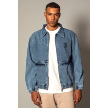 Oversize Buz Mavi Yıkama Baskılı  Erkek Fermuarlı Bomber Kot Ceket