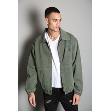 Oversize Haki Baskılı  Erkek Fermuarlı Bomber Kot Ceket