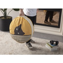 Bugi Home Collection Kedi Desenli Dekoratif Yuvarlak Yer Minderi Puf Taşınabilir Kedi Yatağı 60 x 60 cm
