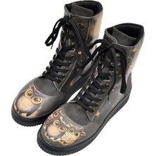 Kadın Vegan Deri Siyah Uzun Bot - Owls Family Tasarım