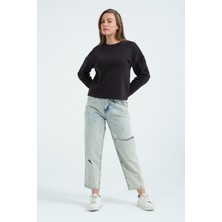Siyah Relaxed/rahat Kalıp Bisiklet Yaka Patch Detaylı Uzun Kollu Örme Sweatshirt
