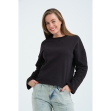 Siyah Relaxed/rahat Kalıp Bisiklet Yaka Patch Detaylı Uzun Kollu Örme Sweatshirt