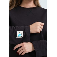 Siyah Relaxed/rahat Kalıp Bisiklet Yaka Patch Detaylı Uzun Kollu Örme Sweatshirt