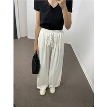 Myrum Butik Ekru Geniş Paça Pileli Pantolon M