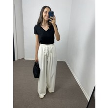 Myrum Butik Ekru Geniş Paça Pileli Pantolon M
