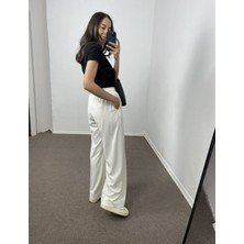 Myrum Butik Ekru Geniş Paça Pileli Pantolon M